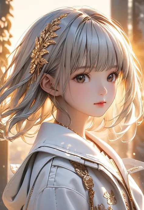 a young girl wearing a white cropped jacket, detailed face, intricate hairstyle with bangs, jewelry, cinematic lighting, golden hour, rule of thirds composition, highly detailed, 8k, best quality, photorealistic, masterpiece