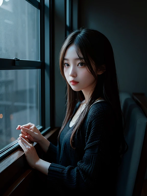 Dark Room。window where moonlight shines in。Beautiful woman sitting by the window。