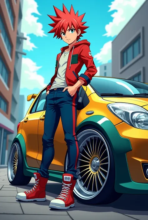 Anime man on the side of a 2008 Toyota Vitz car with wide rims