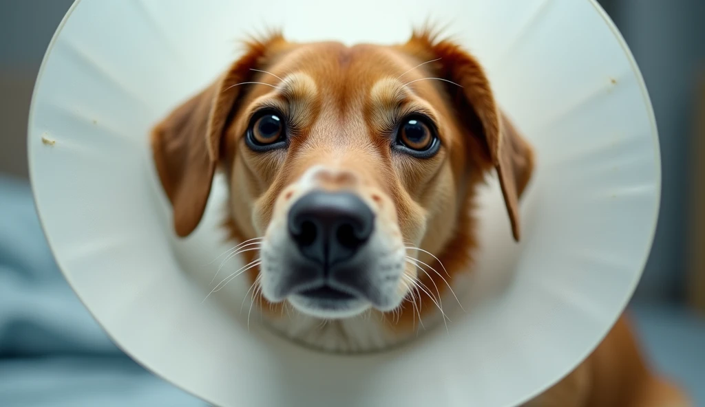 Close-up of a dog wearing a protective cone after skin treatment,  Photorealistic, 8k, (best quality, 4K, 8k, high resolution.Zoom.
