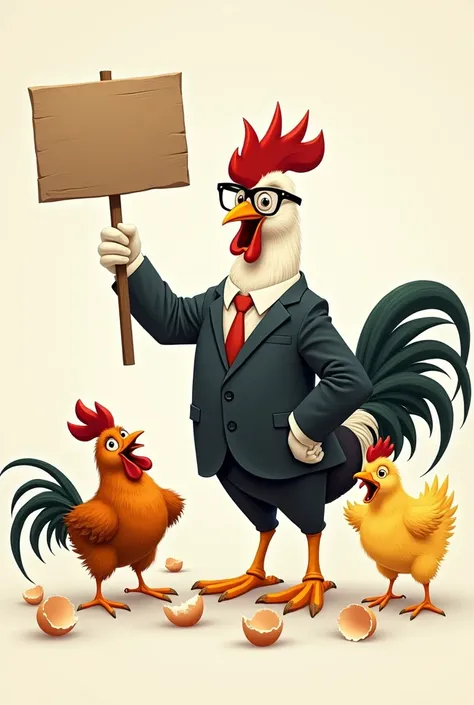 Imagine a proud and smiling hen, with glasses and a business suit, holding a sign that says: "Our products are the crux of the matter, Don&#39;t keep the shells". Behind her, A disheveled and confused rooster tries to pick up the eggshells that fall from h...