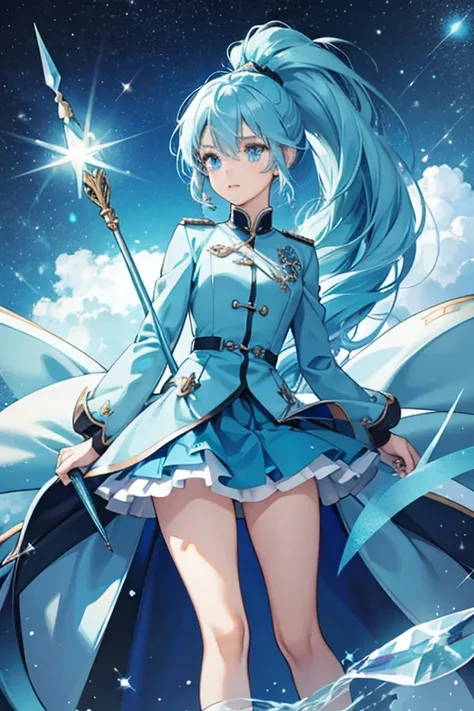 Aquamarine, Aquamarine cyan blue complexion, dark blue eyes, long sky-blue hair and her ponytail goes to her legs and has her wand in it. Her uniform and knees consists of the Crystal Gem star symbol. Her gemstone is located on the bang that covers her rig...