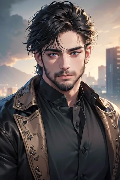 (best quality,4k,8k,highres,masterpiece:1.2),ultra-detailed,(realistic,photorealistic,photo-realistic:1.37),30 year old man,3 day beard,handsome anime,portraits,strong,masculine,dark hair,sharp jawline,mesmerizing eyes,perfectly styled hair,cool anime outf...