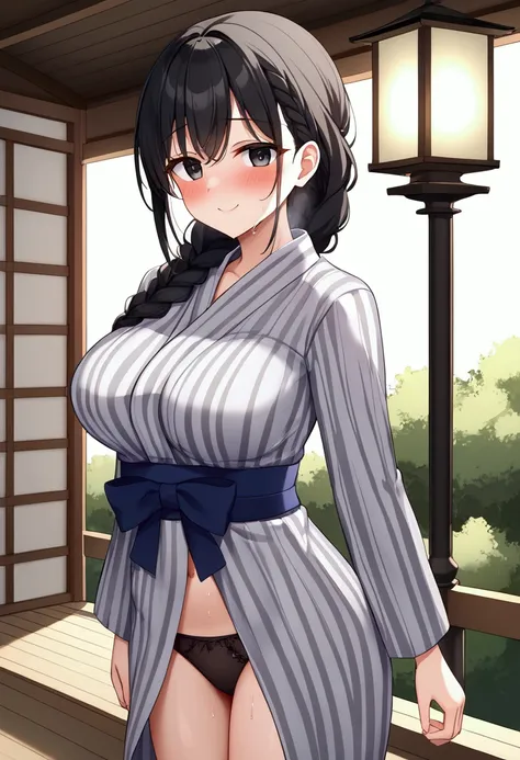 高いquality illustration, masterpiece, Very delicate and beautiful, masterpiece, Best Quality, High resolution, Very detailed, Perfect lighting、(1 middle-aged woman)、Large Breasts、(1braid)、Black Hair、sexy、Black Eyes、Droopy eyes、Japanese style garden、loose、La...