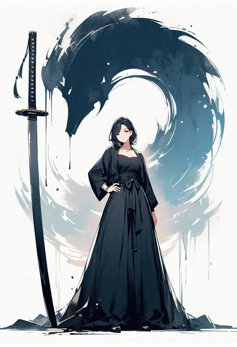 A lady, creamy fair skin, long black hair that reaches to the hips, black hanfu that outlined her body, mature and full body, leaning on a pitch black katana sword, below the black eyes there was a delicate mole.