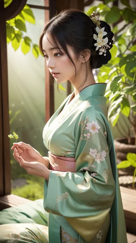 ア）Create an ultra-realistic 8K vertical image of a female Mandragora transformed into the ultimate Japanese beauty, retaining the Mandragoras core physical features. Her form gracefully merges her plant origins with an elegant Japanese aesthetic; delicate ...