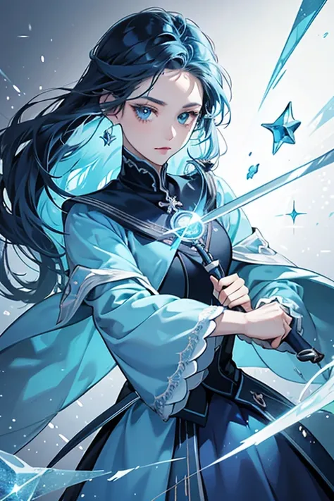 Aquamarine, Aquamarine  She has blue skin, dark blue hair which covers her left eye, and two bits of hair sticking out of the top of her head, one of them holds her wand. She has long dark blue sleeves that go up to her hands. Her uniform and skirt contain...