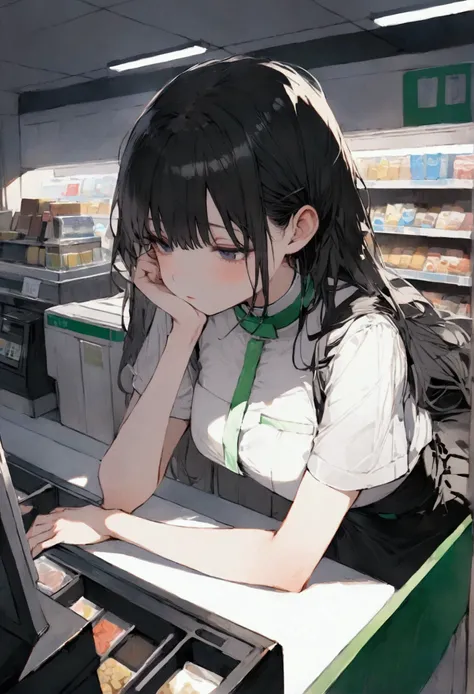 work of art, tight white cashier uniform, black high waist skirt, short skirt, stocking, black hair, convenience store, cash register, bangs on the eyes, fluorescent lighting, staring overhead, bored, half closed eyes