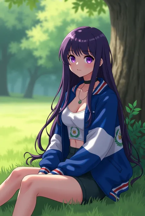 (Screenshot of my hero academy) A girl with long dark purple hair and light purple eyes wearing a Nicaraguan flag printed jacket sitting on the grass in a park 