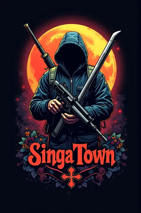 Create a gta v style logo, that includes elements such as real and fantasy firearms, medieval swords, military and luxury vehicles, staves and magical entities and the title says "SingaTown"