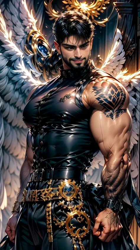 Daegan(1), male_character, detailed_face, no more characters, angel wings (symmetrical style), blue eyes (iris color), medium beard, black hair, wearing plaid shirt, chaps, belt, silver belt buckle, laughing, evil laugh, crazy laugh, closed-eyes, wide open...