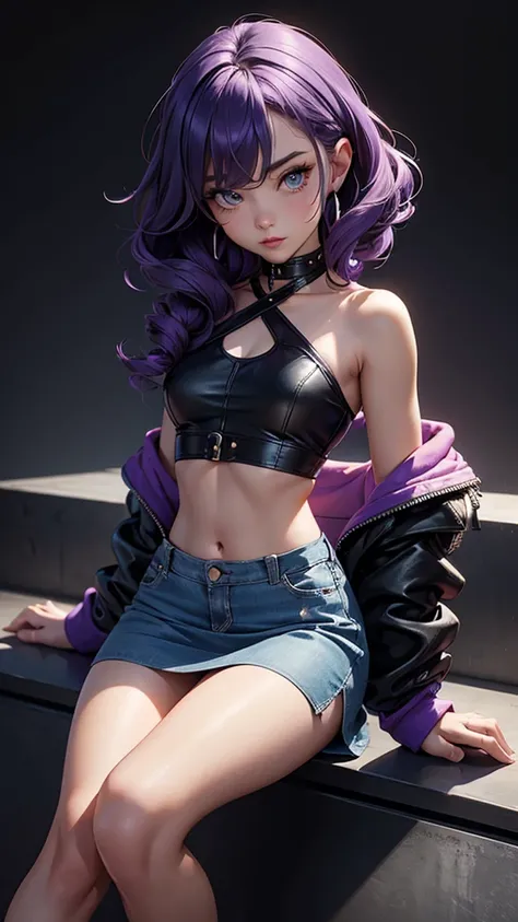 (masterpiece), (best quality), (detailed), light layer, 1solo girl, young girl, perfect body, purple hair in curls, defined large chest, small waist,defined collarbone, ultra realistic, photorealistic, detailed, ,Enhance, wearing a blue Black Double Layer ...