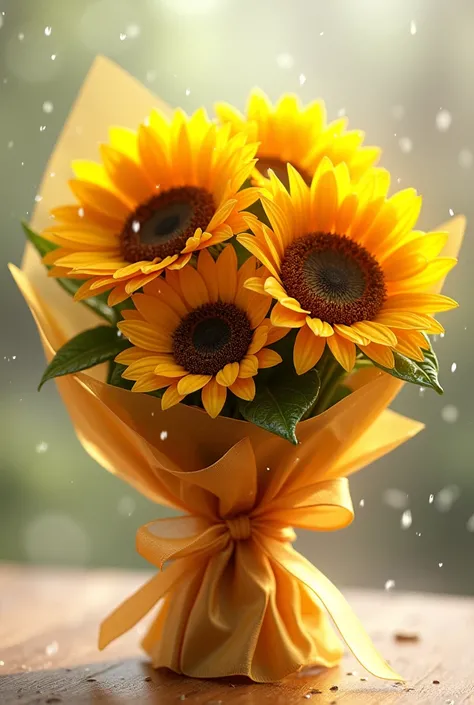 bouquet of 4 sunflowers with rain, all wrapped in gold paper with ribbon