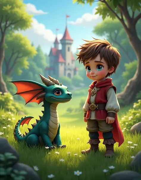 Create a boy with brown hair and blue eyes in a medieval outfit in the royal field looking at a baby dragon