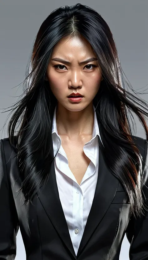 Woman with long black hair、Beautiful Asian Woman, A strong and menacing appearance in a black suit , Angry realistic digital art