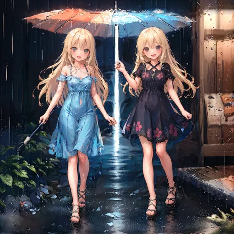 (8k, super high quality, masterpiece), (detailed), One Woman, cute, Small breasts, blonde, Navy Blue Dress, Floral, Hawaiian Dress, Sandals, whole body, rain, Don&#39;t use an umbrella, soaked, Childlike, The best smile, Water Drop, My clothes are wet and ...