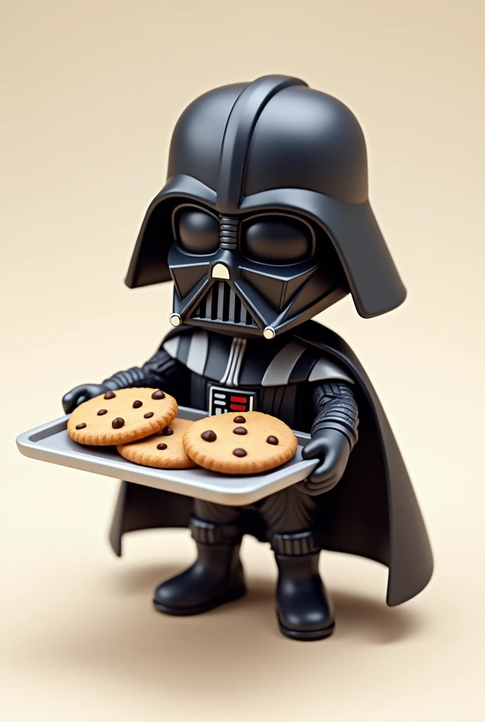 Adorable miniature isometric version of Darth Vader offering a tray of chocolate chip cookies 