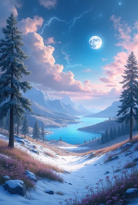 Create a landscape that has sky, sun, moon, cloud, star, hill, snow, hail, tree, ground, subsoil, mud, grass, flower, wind, stone, earth, grass, lagoon, lightning. 