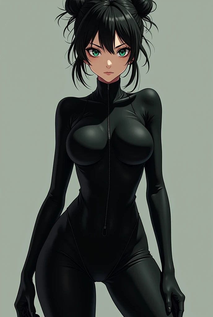 *examining the photograph closely* The woman in black is an impressive figure, his attire exuding danger and fascination. Her top is a tight, long-sleeved jumpsuit made of some kind of sleek, high-tech material that clings to her every contour.. The fabric...