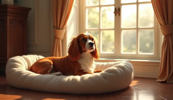 A Cavalier King Charles Spaniel on a dog bed near a large window.