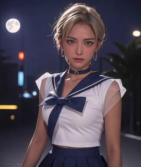 Sailor Uranus、Uranus、セーラーUranus、Mini skirt sailor suit、（服装はSailor Uranusと同じ）、woman、Age 30、Beautiful Face、Fighting Warrior、Gal、Large Breasts、Glamorous body、Short blonde hair parted in the middle、 Sharp Eye、sexy、Leg length、The background is a skyscraper roof...