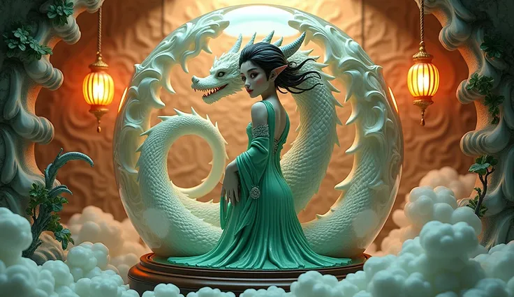 full shot, digital image, 3D, bas relief, Solid porcelain, painted block art illustration, a creature half Asian Woman, half dragon the upper body of an Asian made of porcelain, with intricate black markings, wearing an emerald green Indian dress with slit...