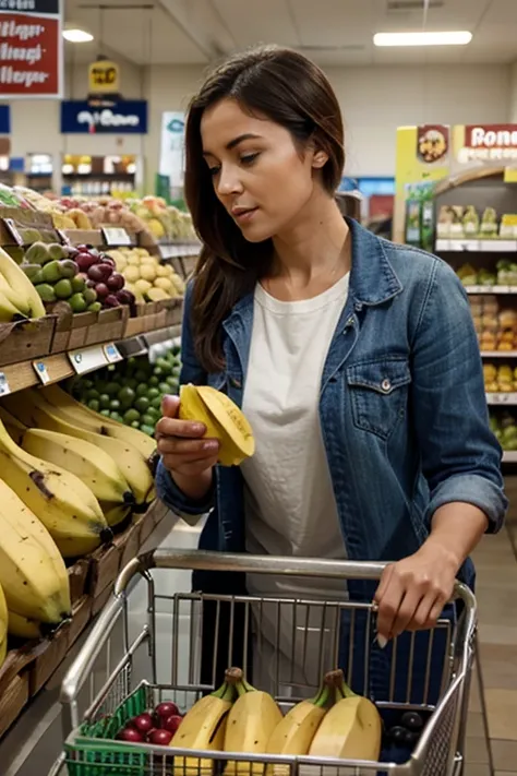 A woman taking 3 bananas from the supermarket