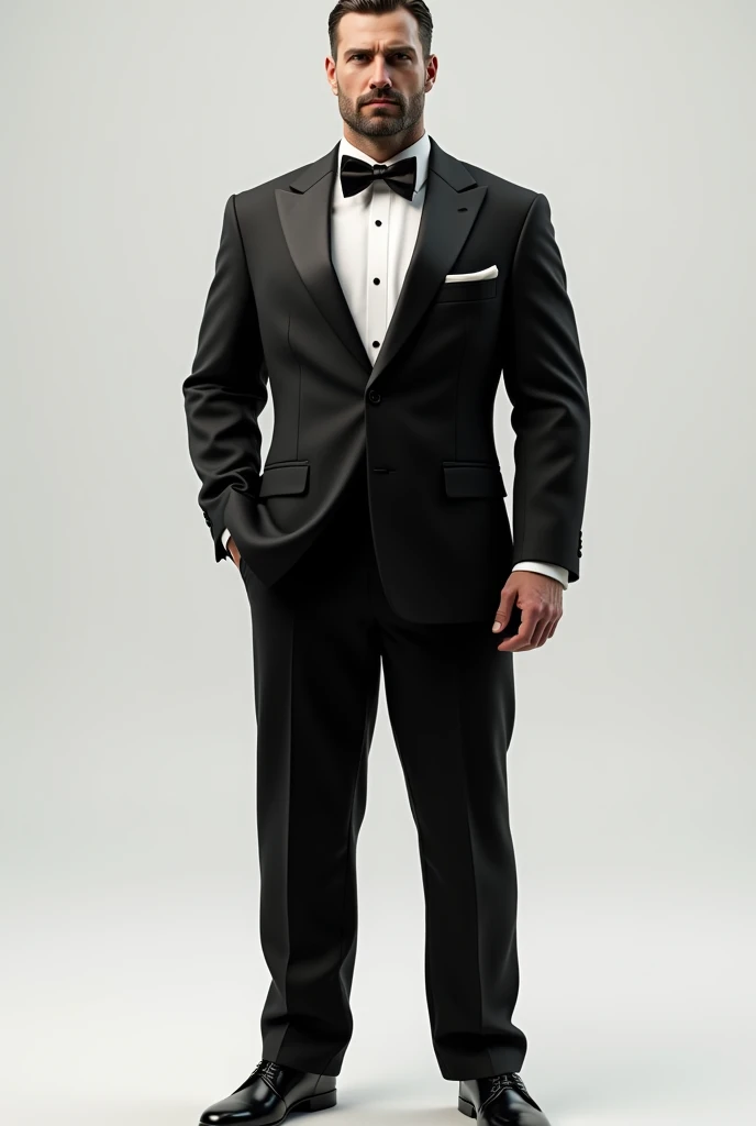 Create this image on full-body

a black tuxedo complete with a black bow tie. The crisp, well-tailored suit fit him like a glove, accentuating his muscular physique and tall build.