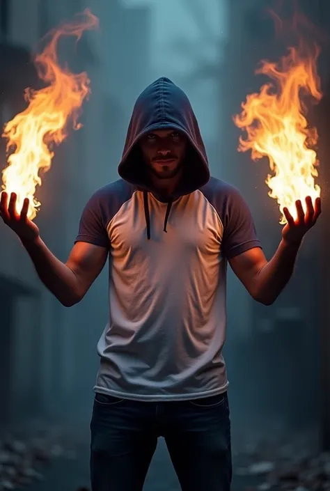 Man wearing a hood and a white and blue t-shirt with a flare in each hand