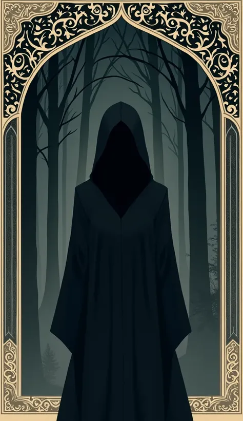  I want a minimalist Kuro style that is detailed in the Koran style. I want the secret door to be a dark forest in the background and have a girl in a hood.