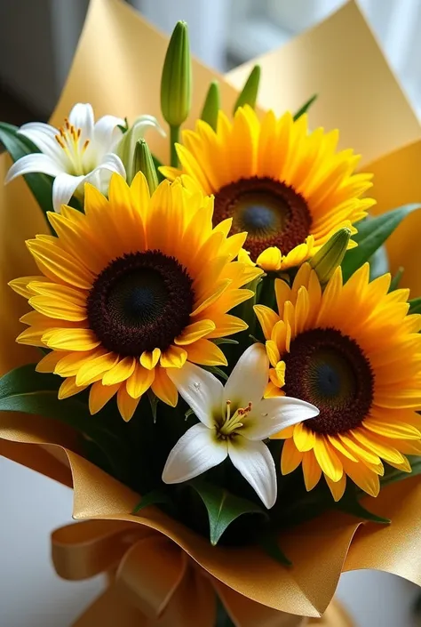 bouquet of 3 sunflowers with rain lilies, wrapped in gold paper with ribbon