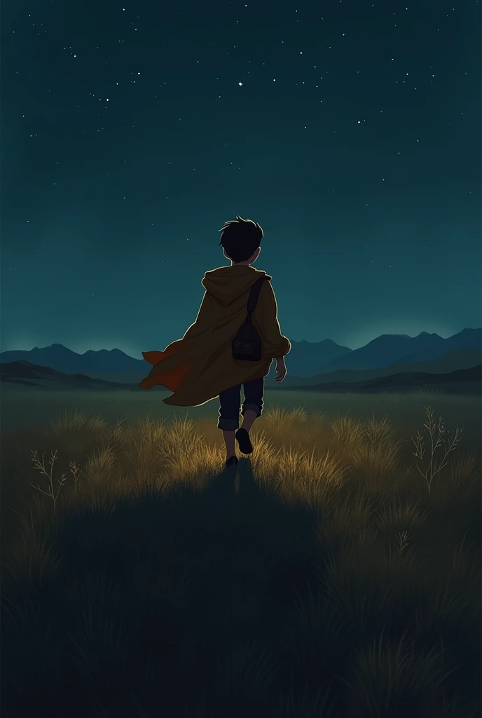 A young Latin boy wearing a brown cloak and carrying a bag on his shoulder walks in a field at night.