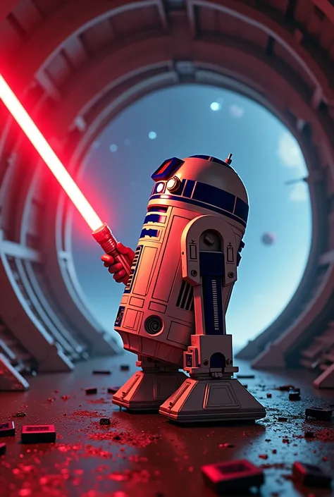 R2D2, the iconic Star Wars droid, in an unexpected heroic pose, its cylindrical body gleaming under the bright lights of a space battles aftermath. The trusty astromech has been ingeniously outfitted with a lightsaber, the quintessential weapon of the Jedi...