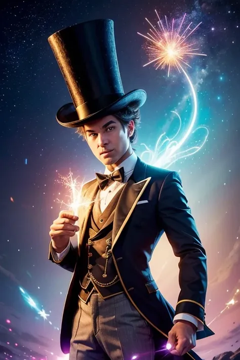 "Create a charming and magical mascot that personifies an image creation website like a magic top hat. The mascot should be in the shape of a top hat with an expressive and welcoming face., adorned with stars and magical sparkles. He should be surrounded b...