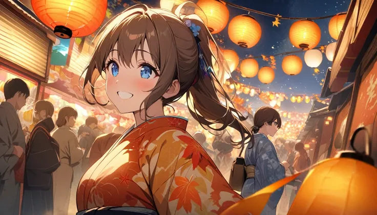 Best Quality, masterpiece, The girl who grants Wishes,blonde,blue eyes,Double exposure, The best smile, Looking up at the sky, Yukata, , Night view, Autumn Festival, Colorful lantern decorations,Golden light particle effect、Events in Japan、Moon viewing、ful...