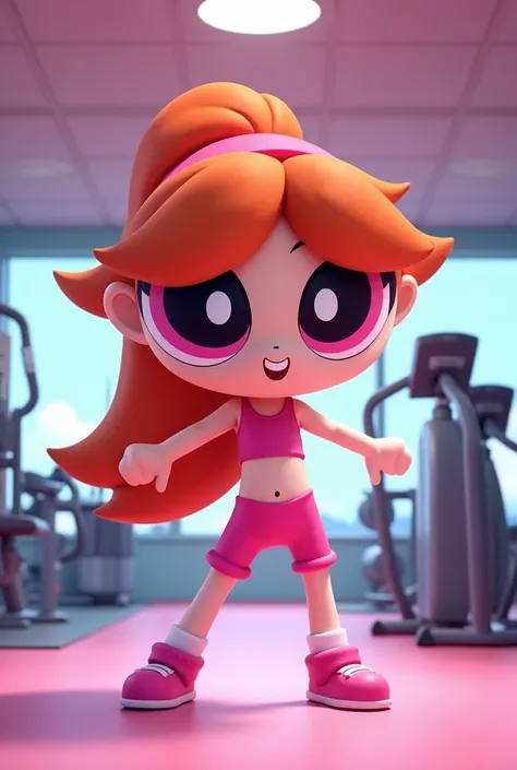 The cute pink character from the cartoon The Powerpuff Girls, she working out at the gym 
