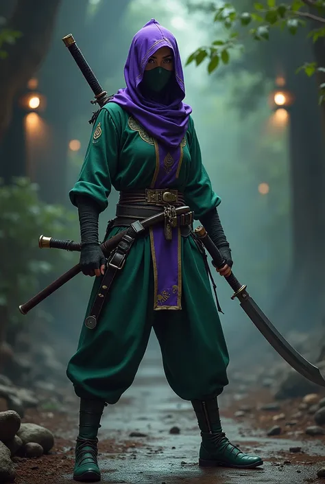 Create a full body ninja Akali style character that wears green and purple and uses agada that is not sexualized in any way