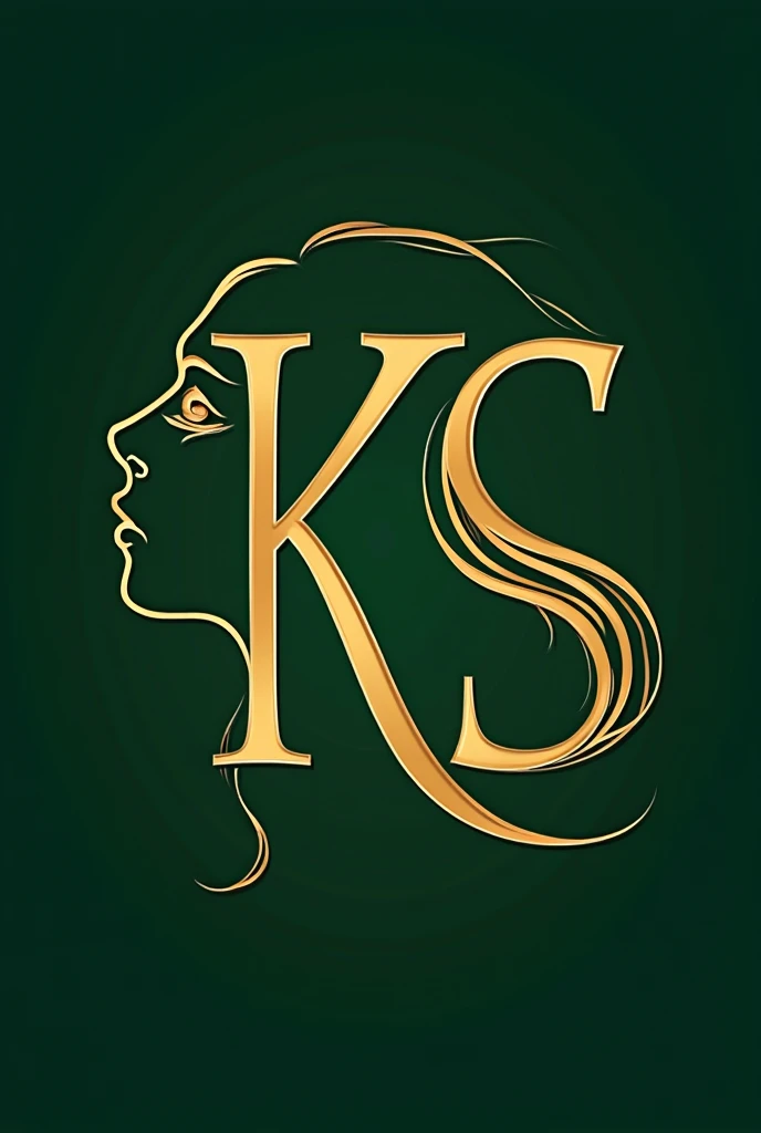 I want a logo of a letter KS in which letter K is a womens face and letter S is her hair. While seeing it, it looks KS and also a womens face with her hair. Also the theme of this logo is Royal Green color background with golden letters. Also write Komal S...