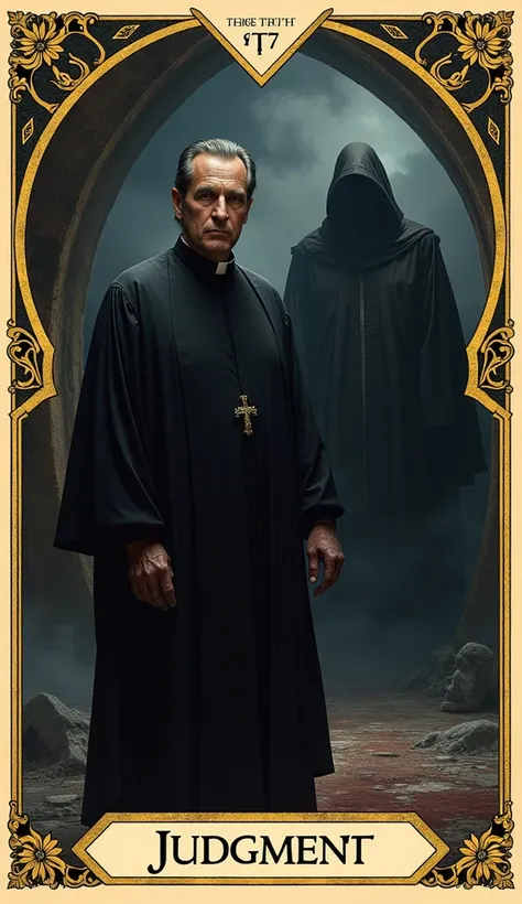 "A hyperrealistic, photograph-quality tarot card depicting The Judgement, inspired by the movie The Omen (1976). The central focus is the intense scene where the truth about Damien’s identity and the impending apocalypse is revealed. The card features a dr...