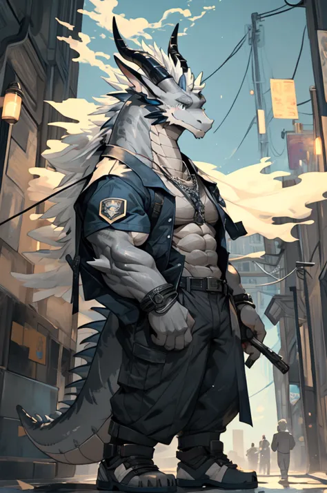 (masterpiece:1.2),pixiv,best quality,official art,An anthropomorphic dark grey dragon with a grey-white abdomen,Gray scales on the body,Side Face,Short neck, 178cm tall, slightly large eyes, a smile, two short horns on its head, the horns, 20years old, wea...