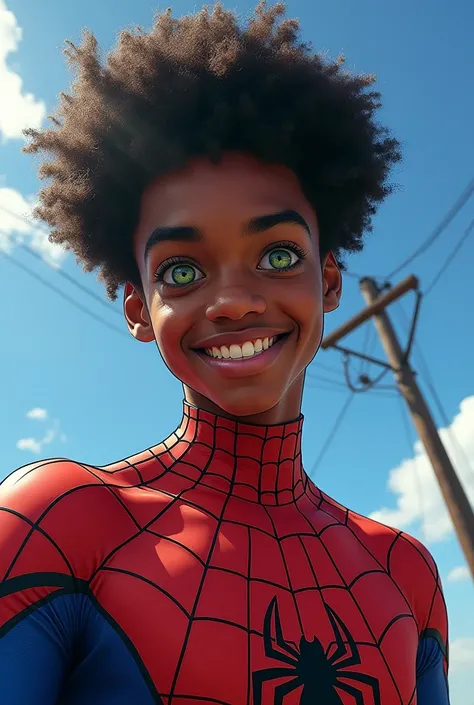 upper body, Alone, chico, force, ironic smile, selfie, looking at the viewer, black afro hair, green eyes, spiderman costume, spiderweb print, spiderweb, blue sky, thousands morals,