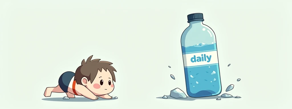 A bottle of water with the word "daily" written on it, a chibi character reaching for it while crawling forward and losing consciousness, anime manga cartoon-style