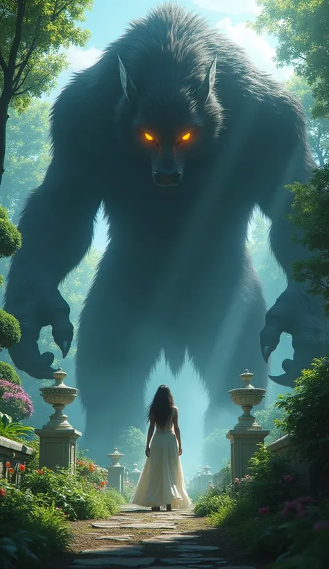 : The Appearance of the Beast
**Prompt**: "In the same royal garden, a towering beast with dark fur and glowing amber eyes emerges from the shadows. He is fearsome, with sharp claws and a massive build, looming over the delicate figure of Princess Aria. Th...