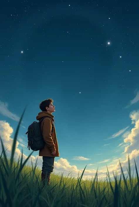 A young man wearing a brown cloak and a backpack stands looking at the sky on a grassy field at night.