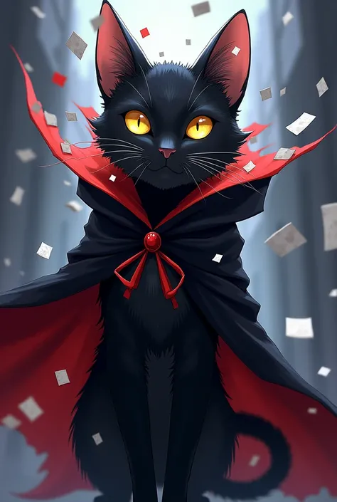 Anime style drawing of a black cat with yellow eyes, using the Akatsuki cloak , with pieces of the face coming off like small squares of paper, with wings made of squares of paper sheets