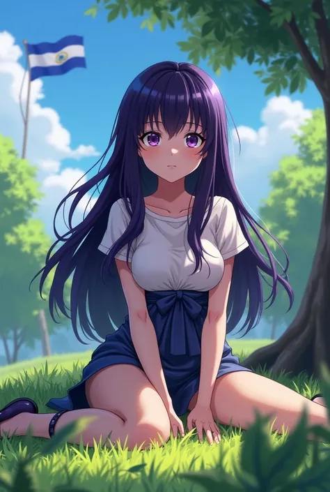 (My Hero Academy) A girl with long dark purple hair and light purple eyes sitting on the grass in a park with a Nicaragua flag