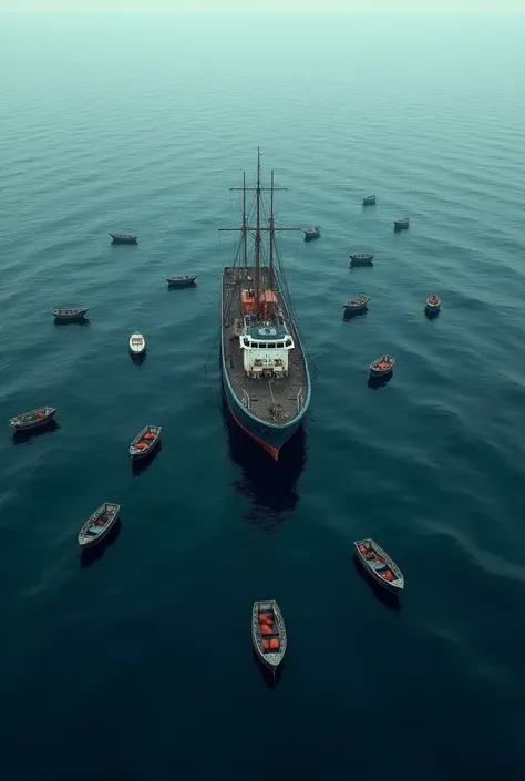 make a small ship alone in the middle of the sea around with ten lifeboats spread out in the sea around the ship.