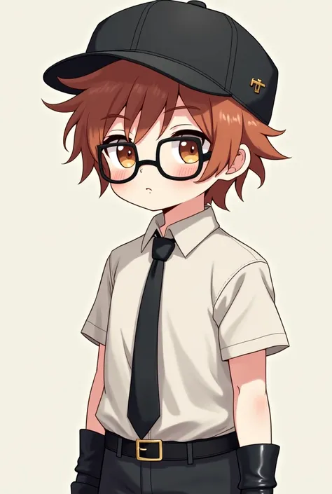 Short bacon haired anime boy, glasses and a black baseball hat, wearing a white button-down shirt and a black tie..pale white skin with fingerless gloves, having black pants and black boots