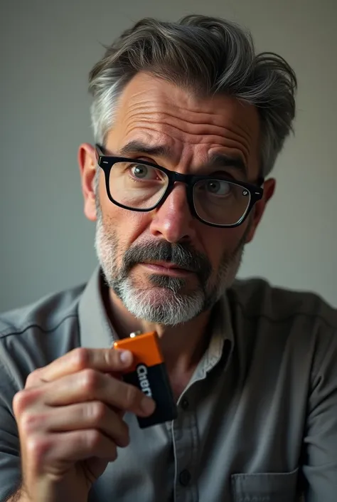 A bearded guy wearing glasses holding a duracell battery