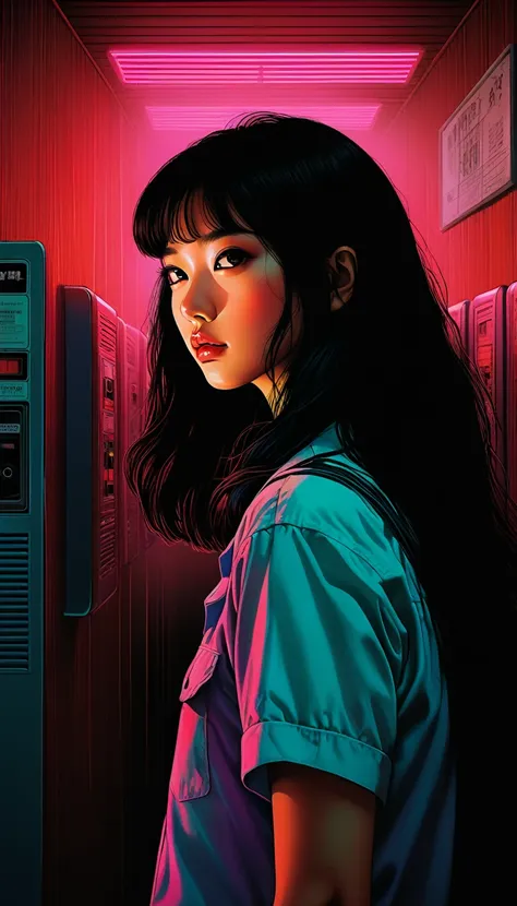 Illustration、art、80s Thai horror movie poster, Supervised by Junji Ito、(high school student:1.0)、movie theatre、Attention to detail, Realistic Shadows、Analog Style, chromatic aberration, Surrealism、Complementary Gradient